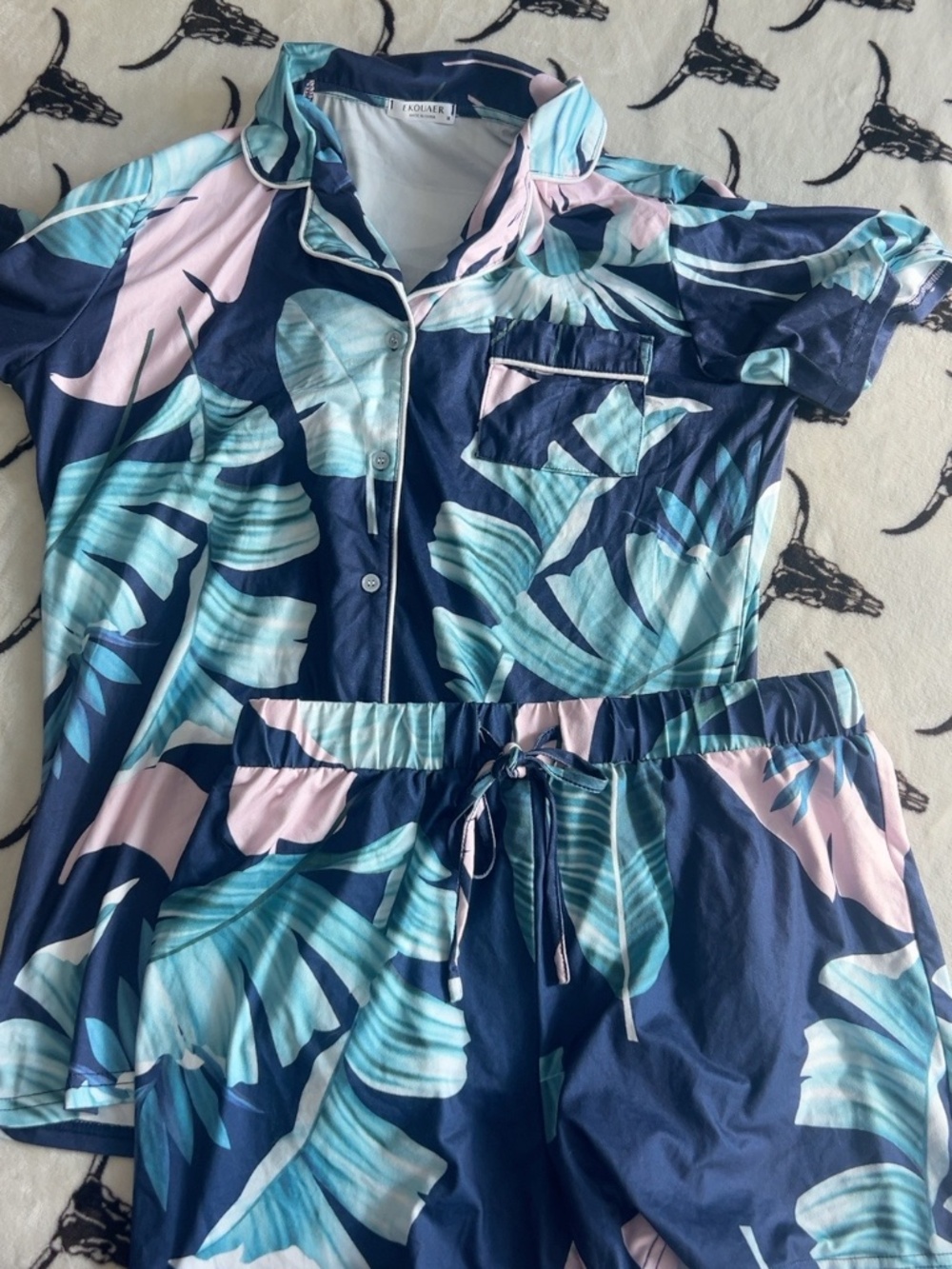 Ekouaer Tropical Floral Pajama Set Navy Blue Pink Shorts Size M